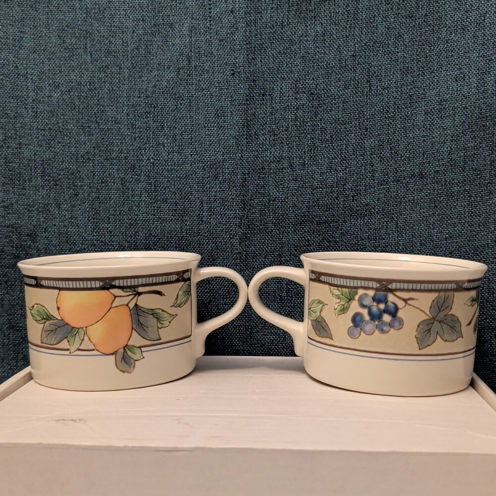 Set of 2 Mikasa Intaglio GARDEN HARVEST Cups | CAC29 8oz Flat Mugs | Vintage 90s
